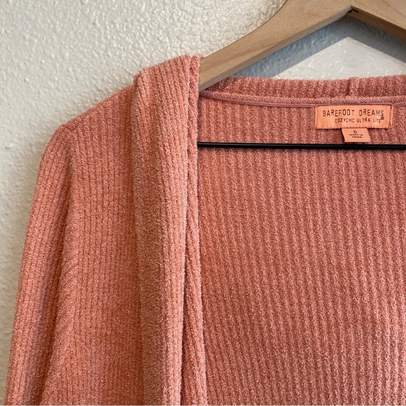 Barefoot Dreams CozyChic Ultra Lite Hooded Ribbed Cardigan Coral Small - Picture 2 of 9